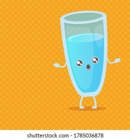 funny cartoon cute smiling still water glass character isolated on orange background.  Kids water glass flat funky kawaii character