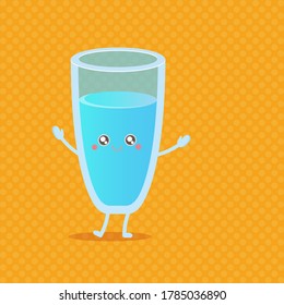 caricatura divertida lindo sonriente aún personaje de cristal de agua aislado en el fondo naranja.  Niños vidrio agua plana funky personaje kawaii