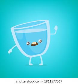 funny cartoon cute smiling still water glass character isolated on turquoise background.  Kids food flat funky kawaii character