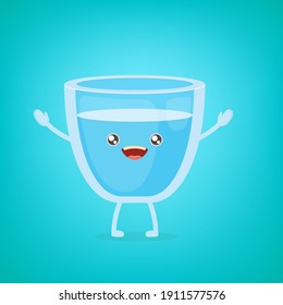 funny cartoon cute smiling still water glass character isolated on turquoise background.  Kids food flat funky kawaii character