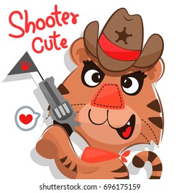 Funny cartoon, Cute tiger boy wearing cowboy hat and holding revolver with bang flag isolated on white background illustration vector.