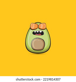 funny cartoon cute tiny avocado character with sunglasses isolated on orange background. My name is avocado vector concept. vector healthy summer funky avocado fruit character with sunglasses
