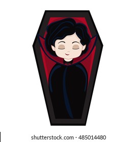Funny cartoon cute vampire boy sleeps in his coffin.