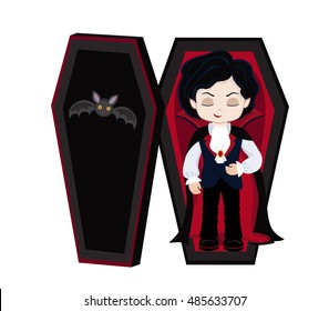 Funny cartoon cute vampire boy sleeps in his coffin.