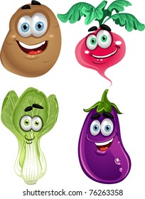 Funny cartoon cute vegetables - lettuce, radishes, eggplant, potatoes