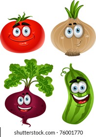 Funny cartoon cute vegetables - tomato, beet, cucumber, onion