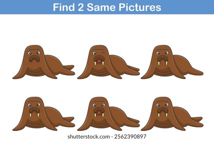 Funny cartoon cute walrus. Find two same pictures. Educational game for children. Cartoon vector illustration