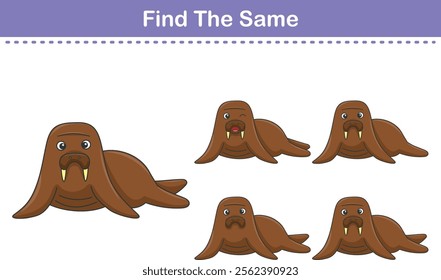 Funny cartoon cute walrus. Find same pictures. Educational game for children. Cartoon vector illustration