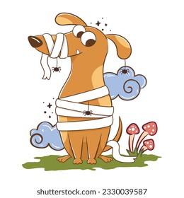 Funny cartoon dachshund dog dressed as a mummy for halloween. Scary funny character for halloween. Vector illustration of pets for the holiday.