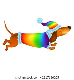 funny cartoon dachshund dog in rainbow colors clothing on white background.  happy dog jumping. greeting card. vector illustration.