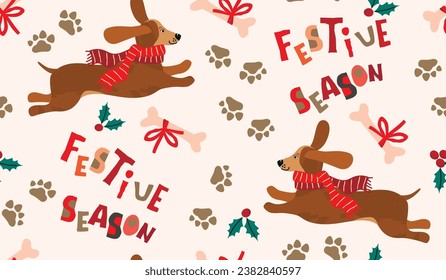 Funny cartoon dachshund dog seamless pattern.Christmas print  with cute animal character in warm scarf.Winter holidays background with hand lettering and bone.Vector seasonal illustration on white.