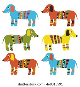 funny cartoon dachshund. Vector set.