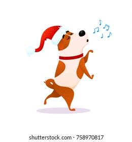 Funny cartoon dancing dog sings. Xmas flat character. Puppy isolated on white background. Terrier wearing red Santa Claus hat dances Christmas vector illustration for Christmas or New Year 2018 design