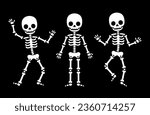 Funny cartoon dancing skeleton, simple black and white illustration. Cute Halloween clipart graphics.