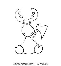 Funny cartoon deer. Black and white vector illustration for coloring book