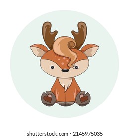 Funny cartoon deer. child's drawing of a cute deer. cartoon animal design. Flat vector illustration isolated on white background. Forest inhabitant. Wild animal with horns.
