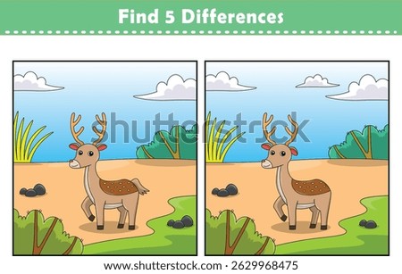 Funny cartoon deer. Find 5 differences. Kids Education games. Cartoon vector illustration