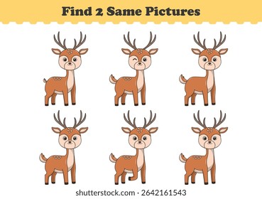 Funny cartoon deer. Find two same pictures. Educational game for children. Cartoon vector illustration