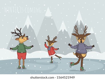 Funny cartoon deers skating on ice on the background of snow and mountains. Winters is coming. Holidays and happy New Year card