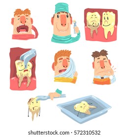 Funny Cartoon Dentist And Patient Illustration Series With Dental Care Procedures And Humanized Teeth Characters