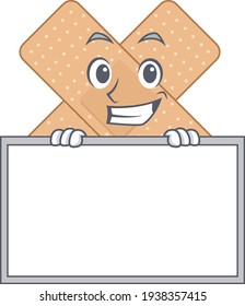 Funny cartoon design style cross bandage standing behind a board. Vector illustration