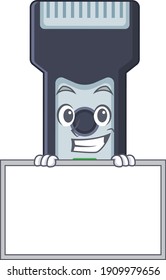 Funny cartoon design style electric shaver standing behind a board. Vector illustration