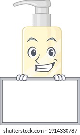 Funny cartoon design style hair mask standing behind a board. Vector illustration