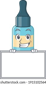 Funny cartoon design style hair oil standing behind a board. Vector illustration
