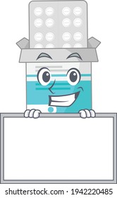 Funny cartoon design style medical medicine bottle standing behind a board. Vector illustration