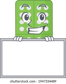 Funny cartoon design style medicine pills standing behind a board. Vector illustration