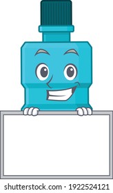 Funny cartoon design style mouthwash standing behind a board. Vector illustration