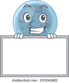 Funny cartoon design style pasteurella standing behind a board. Vector illustration