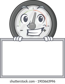 Funny cartoon design style pressure gauge standing behind a board