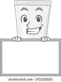 Funny cartoon design style shower gel standing behind a board. Vector illustration