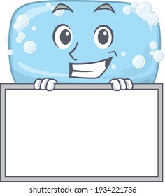 Funny cartoon design style soap standing behind a board. Vector illustration