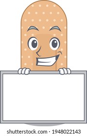 Funny cartoon design style standard bandage standing behind a board. Vector illustration