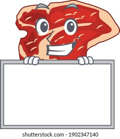 Funny cartoon design style T-bone standing behind a board. Vector illustration