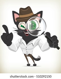 Funny Cartoon Detective Cat On White Background