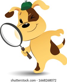 funny cartoon detective dog looking for items with a magnifying glass on white background. vector illustration .