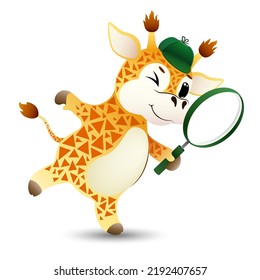 funny cartoon detective giraffe looking for items with a magnifying glass on white background. cute animal in search. vector illustration .