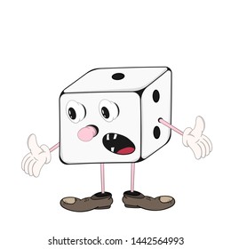 Funny cartoon dice with eyes, hands and feet in shoes experiencing emotion annoyance and spreads his hands.