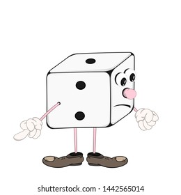 Funny cartoon dice with eyes, hands and feet in shoes thoughtfully trying to count the number on the fingers.