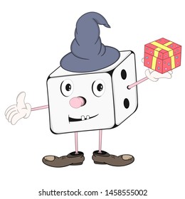 Funny cartoon dice in wizard hat with eyes, hands and feet holding a gift box in his hand and smiling