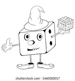 Funny cartoon dice in wizard hat with eyes, hands and feet holding a gift box in his hand and smiling. Black and white coloring