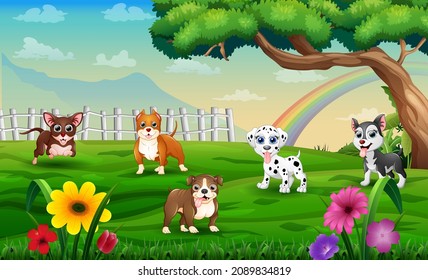Funny cartoon different breeds dogs in the meadow