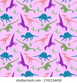 Funny cartoon different colored dinosaurs in flat style. Seamless vector pattern for your design, packaging, fabric, Wallpaper, decoration. Children's seamless pattern