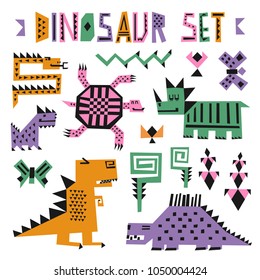 Funny cartoon dino collection. Cute dinosaurs and tropic plants. Hand drawn vector doodle set for kids. Simple abstract forms.