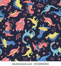 funny cartoon dino Dinosaurus illustration kiddish children wallpaper background seamless pattern for textile, fabric, clothing print vector graphic artwork