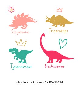 Funny cartoon dino girl. Crown, tyrannosaur, heart, brachiosaurus, triceratops, flower, stegosaurus. Cute baby dinosaur design for cool girl t-shirt. Doodle vector illustration on white background.