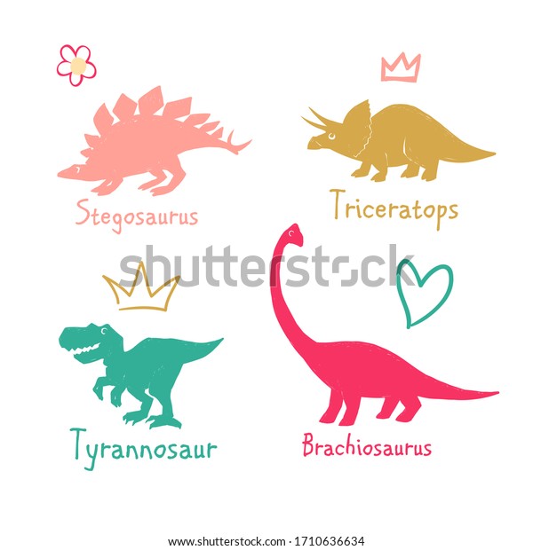 おかしい漫画の女の子 王冠 ティラノサウルス 心 ブラキオサウルス トリケラトプス 花 ステゴサウルス 格好いい女の子のtシャツ用のかわいい恐竜 の赤ちゃんデザイン 白い背景に落書き風ベクターイラスト のベクター画像素材 ロイヤリティフリー